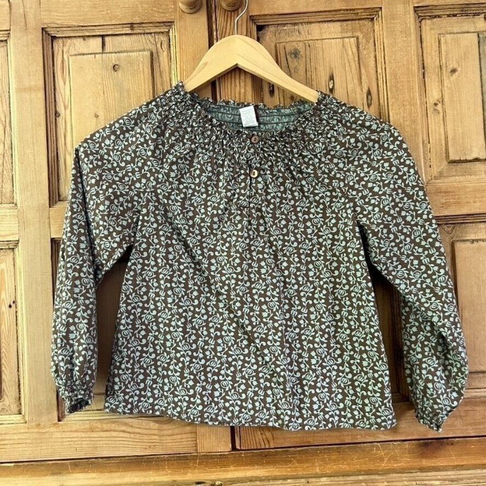 Tea Collection Girl Size 6 Vine Print Long Sleeve Blouse Brown Blue Floral Shirt